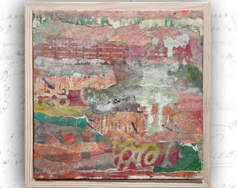 Framed Collage Painting in Red and Green: Mixed Media Art (8x8)