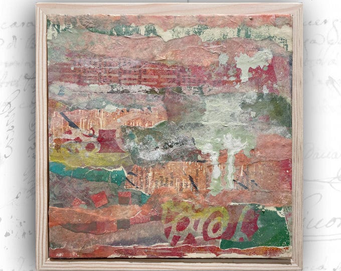 Framed Collage Painting in Red and Green: Mixed Media Art (8x8)