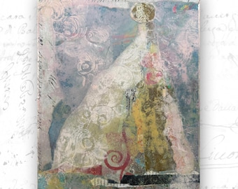 Collaged Woman Figure Painting, Mixed Media Floral Gown Art (8x10 Unframed)
