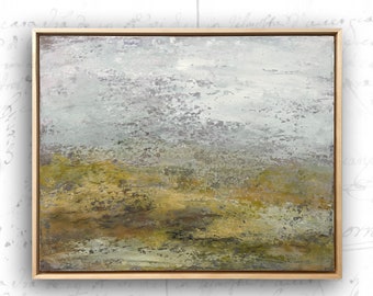 Framed Abstract Landscape Painting: Cold Wax & Oil, Golden Tones (20x16)
