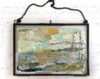 Abstract Landscape Collage in Glass Frame: Hand-Painted Paper (4x6)