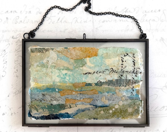 Abstract Landscape Collage in Glass Frame: Hand-Painted Paper (4x6)