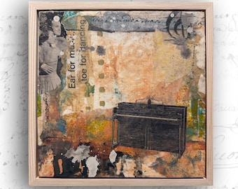 Framed Collage with Piano, Mixed Media Art (8x8)