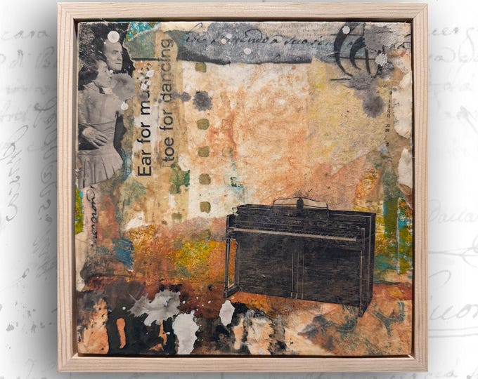 Framed Collage with Piano, Mixed Media Art (8x8)
