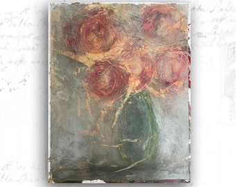 Unframed Painting of Bouquet in Green Vase, Unframed Painting of Impressionist Flowers, Original Cold Wax Painting