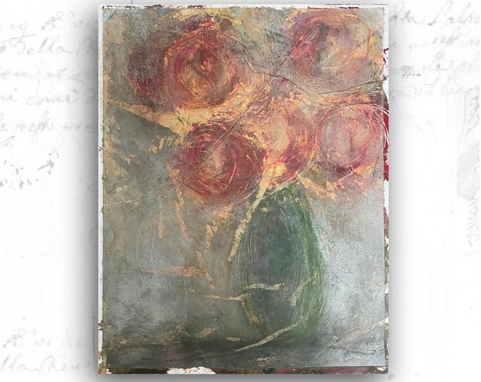Unframed Painting of Bouquet in Green Vase, Unframed Painting of Impressionist Flowers, Original Cold Wax Painting