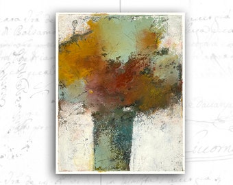 Original Fall Flowers Painting: Cold Wax Art, Green Vase (8x10 Unframed)