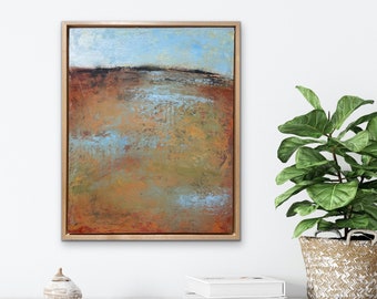 Framed Abstract Landscape Painting: Cold Wax & Oil on Birch, 16x20