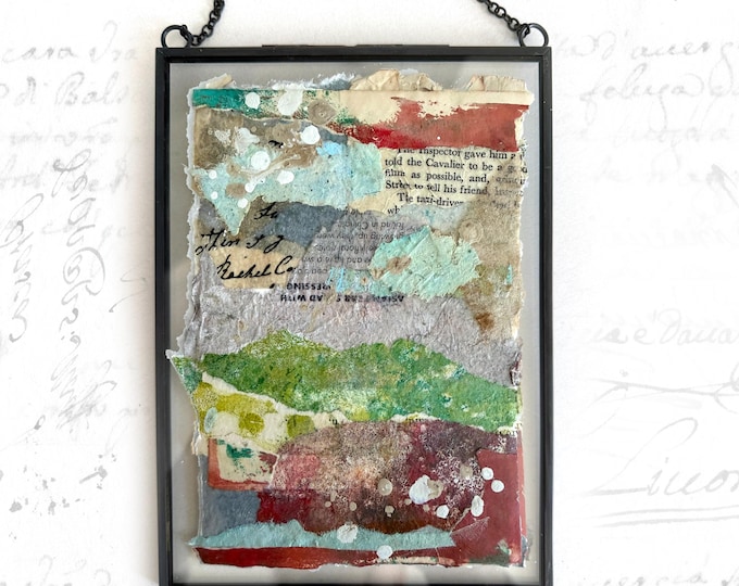 Abstract Landscape Collage in Glass Frame: Hand-Painted Paper (4x6)