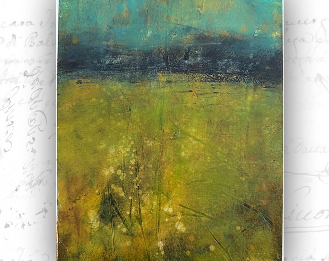 Abstract Landscape Painting with Blue Sky, Unframed Original Paintings, Cold Wax and Oil  (8x10)
