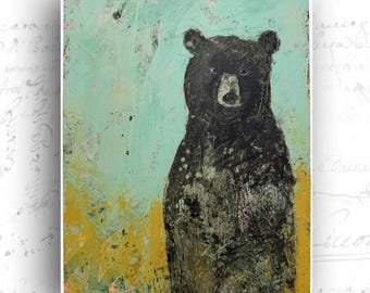 Original Black Bear Painting, Cold Wax Oil Art (8x10)