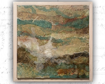 Framed Earth-tone Collage Painting: Mixed Media Art (8x8)