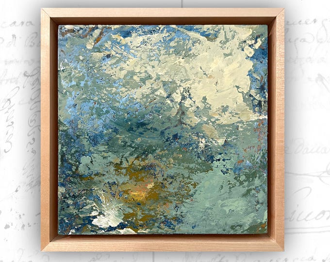Small Painting of Landscape with Clouds, Framed Abstract Landscape Painting, Cold Wax Painting
