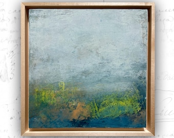 Framed Abstract Painting with Blue Landscape, Small Framed Landscape, Small Cold Wax and Oil Painting