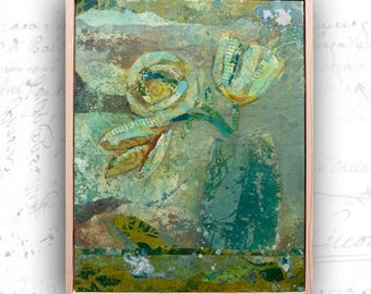 Framed Abstract Floral Collage in Green: Mixed Media Art (11x14)