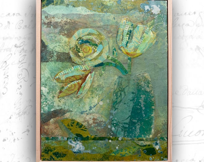 Framed Abstract Floral Collage in Green: Mixed Media Art (11x14)