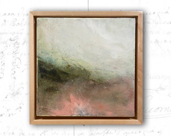 Small Landscape Painting in Green and Pink, Small Framed Abstract Painting