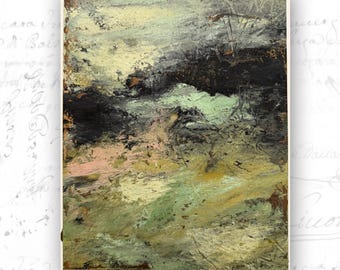 Abstract Landscape Painting, Pink Green Cold Wax Oil Art (8 x 10)