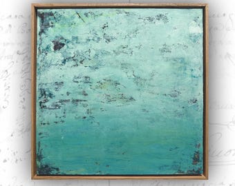 Framed Abstract Ocean Painting on Wood Panel,  Cold Wax and Oil Painting (12x12)