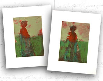 Abstract Figure Painting Set of Women in Purple, Small Unframed Figure Paintings, Cold Wax and Oil Floral Art