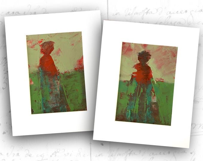Abstract Figure Painting Set of Women in Purple, Small Unframed Figure Paintings, Cold Wax and Oil Floral Art