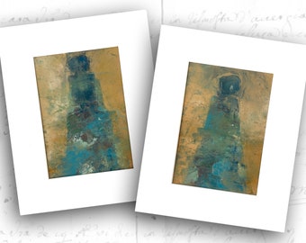 Abstract Figure Painting Set of Women in Blue, Small Unframed Figure Paintings, Cold Wax and Oil Floral Art