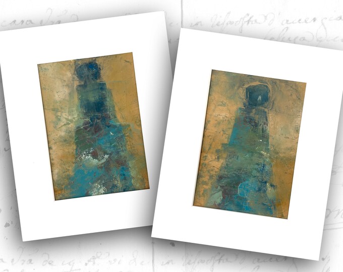 Abstract Figure Painting Set of Women in Blue, Small Unframed Figure Paintings, Cold Wax and Oil Floral Art