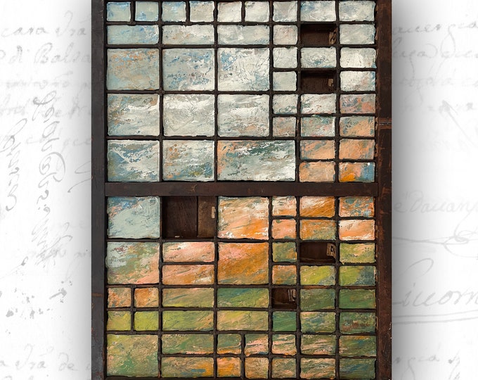 Original Abstract Landscape Painting in Antique Printer Tray