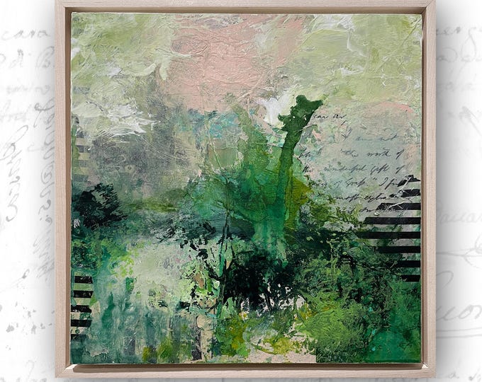 Abstract Collage Painting: Mixed Media Art with Emerson Script, Framed