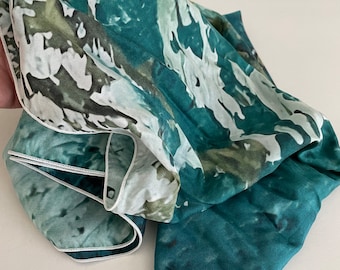 Long Silk Art Scarf with Abstract Ocean, Silk Scarf with Blue/Green Art
