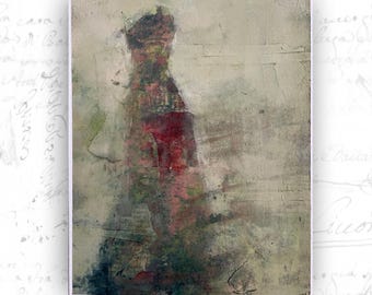 Abstract Collage Painting of Women in Red, Unframed Original Paintings, Cold Wax and Oil Figure Painting