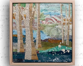 Framed Collage Painting with Trees: Mixed Media Art (8x8)