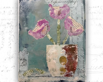 Purple Bouquet Collage Painting, Mixed Media Florals (8x10 Unframed Original Art)