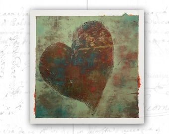 Abstract Heart Painting, Unframed Heart Painting, Cold Wax Painting of Heart, Unframed Art on Paper