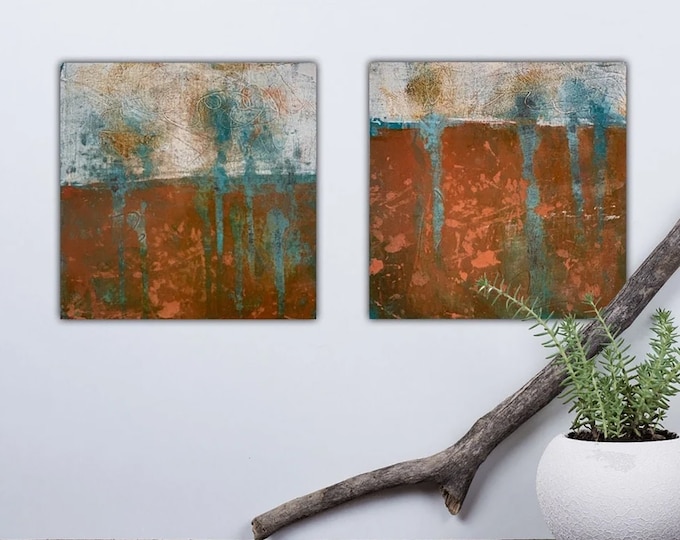 Abstract Cold Wax Painting Set: Earth Tones, Original Art on Wood