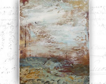 Abstract Seascape Painting, Rust and Blue Cold Wax, 8x10 Unframed