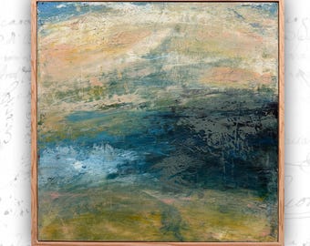 Abstract Blue Lake Painting: Cold Wax Oil Textured Landscape Art (16"x16")