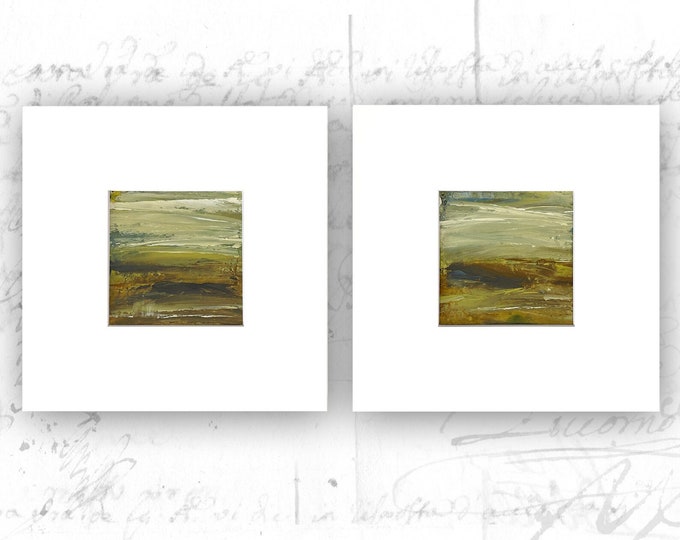 Set of 4 x 4 Abstract Landscape Paintings, Small Abstract Landscapes in Mats