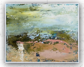 Abstract Landscape Painting with Blue Undertones, Unframed Original Paintings, Cold Wax and Oil Landscape