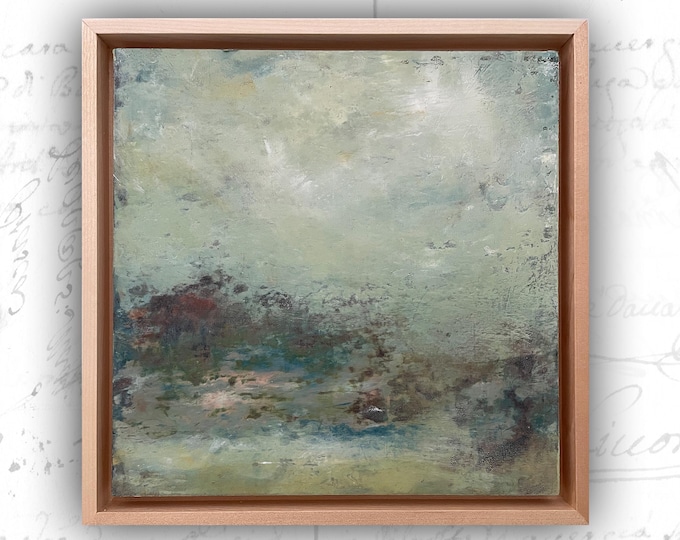 Original Landscape Painting with Pink Highlight, Framed Landscape in Cold Wax and Oil, Small Abstract Landscape Painting