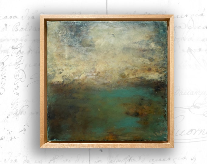 Framed Abstract Landscape Painting: Cold Wax & Oil on Birch (8x8)