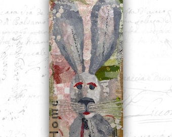 Collage Painting of Rabbit: Mixed Media Art with Owl (6x12)