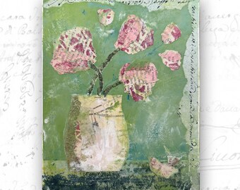 Collaged Painting of Pink Flowers in Vase, Mixed Media Florals (8x10 Unframed Original Art)