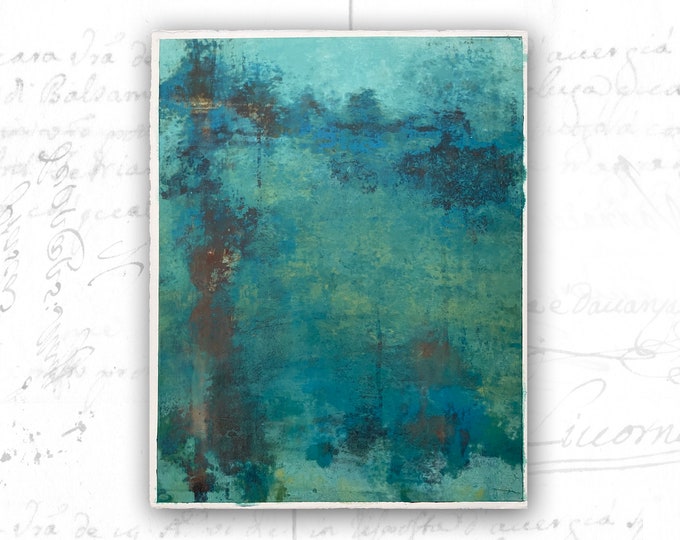 Original Painting of Abstract Blue Landscape, Unframed Original Landscape, Cold Wax and Oil Painting on Paper