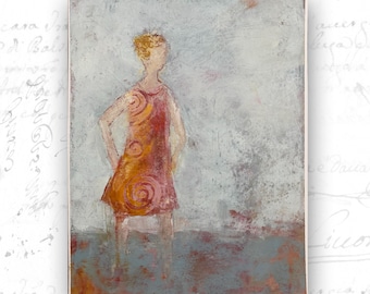 Original Painting Woman Orange Swim Dress, Cold Wax Oil on Archival Paper (11 x 14)