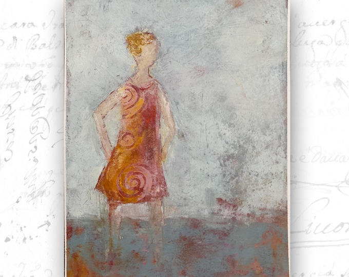Original Painting Woman Orange Swim Dress, Cold Wax Oil on Archival Paper (11 x 14)