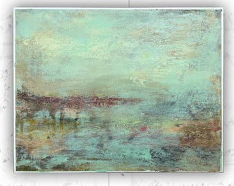 Original Painting of Lake Scene, Unframed Painting in Cold Wax and Oil (14 x 11)