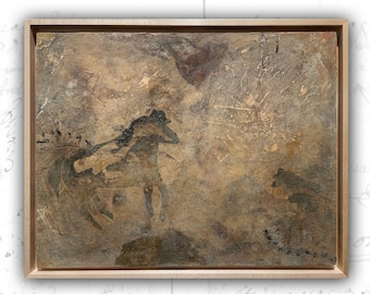 Framed Abstract Cave Painting with Horse: Mixed Media Art (14x11)