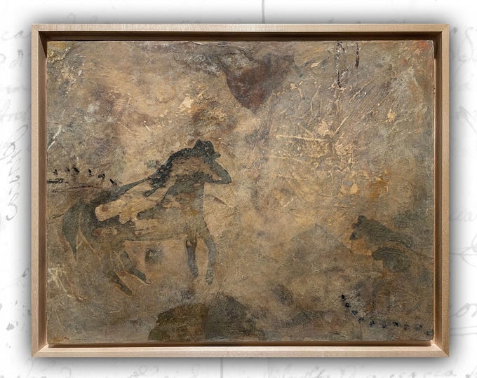 Framed Abstract Cave Painting with Horse: Mixed Media Art (14x11)