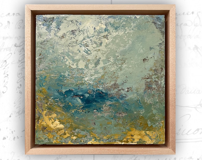 Small Painting of Landscape with Golden Hues, Framed Abstract Landscape Painting, Cold Wax Painting
